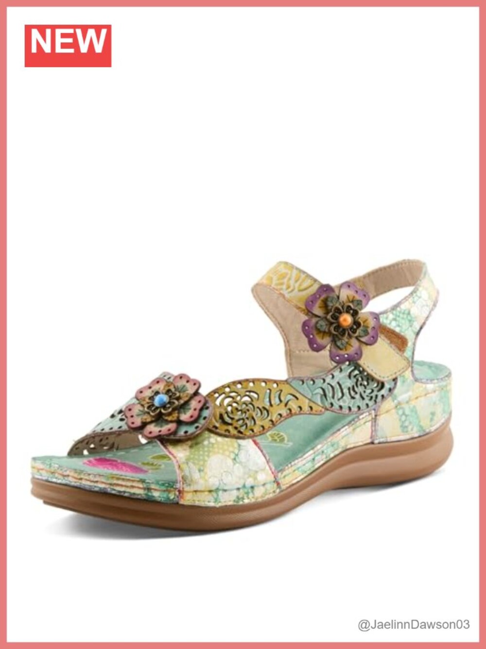 L'Artiste Script Women's Hand-Painted Floral Leather Wedge Sandal